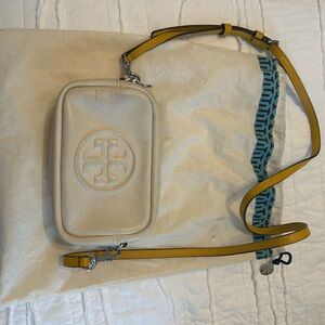 Tory Burch Cream Pebbled Leather Crossbody with Yellow Strap